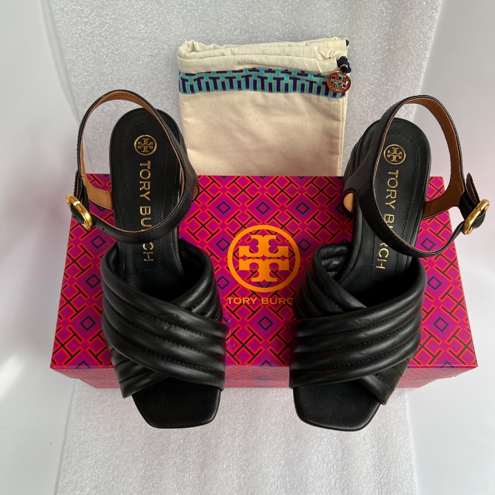 TORY BURCH Kira Quilted 55mm Heeled Sandals Black Sz 6.5 NEW - Picture 2 of 14